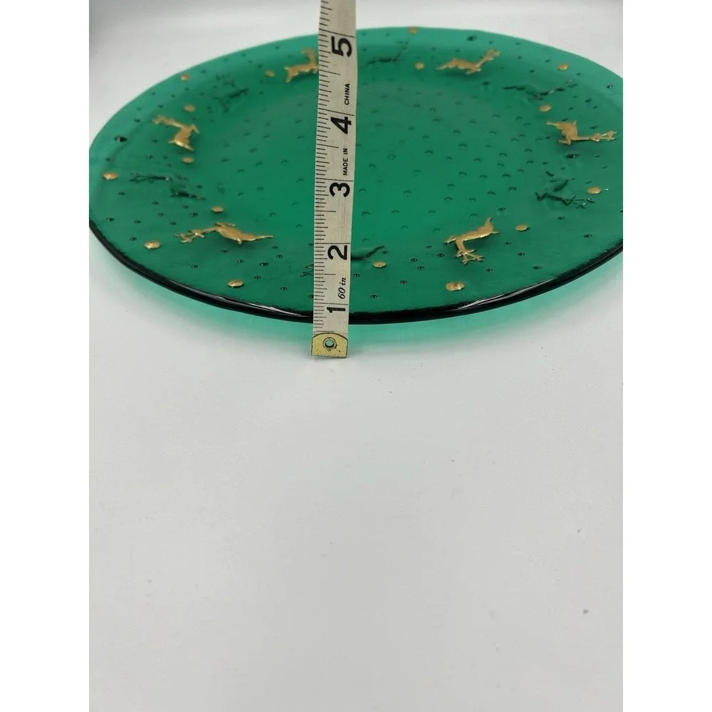 VTG Green Glass Christmas Platter/Charger /Gold Reindeer Textured Centerpiece